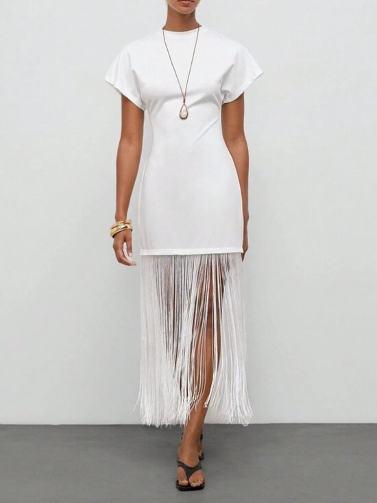 Dresses & Skirts - White Knit Fringe Hem Mini Dress